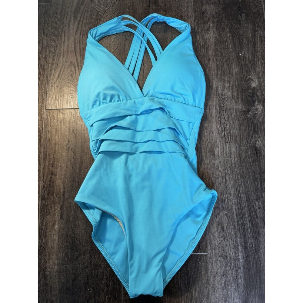 Soluna Swim Womens Size 4 Aqua Blue One Piece Swimsuit Ruched Strappy NWT